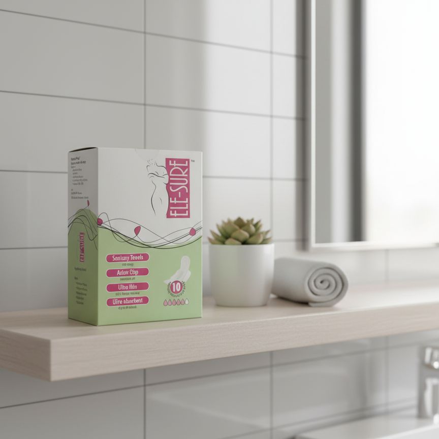 Box of Elesure sanitary products on a bathroom shelf with a plant and towel in the background.