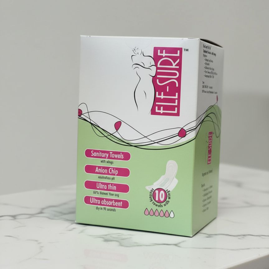 Box of Ele-Sure sanitary products on a marble surface