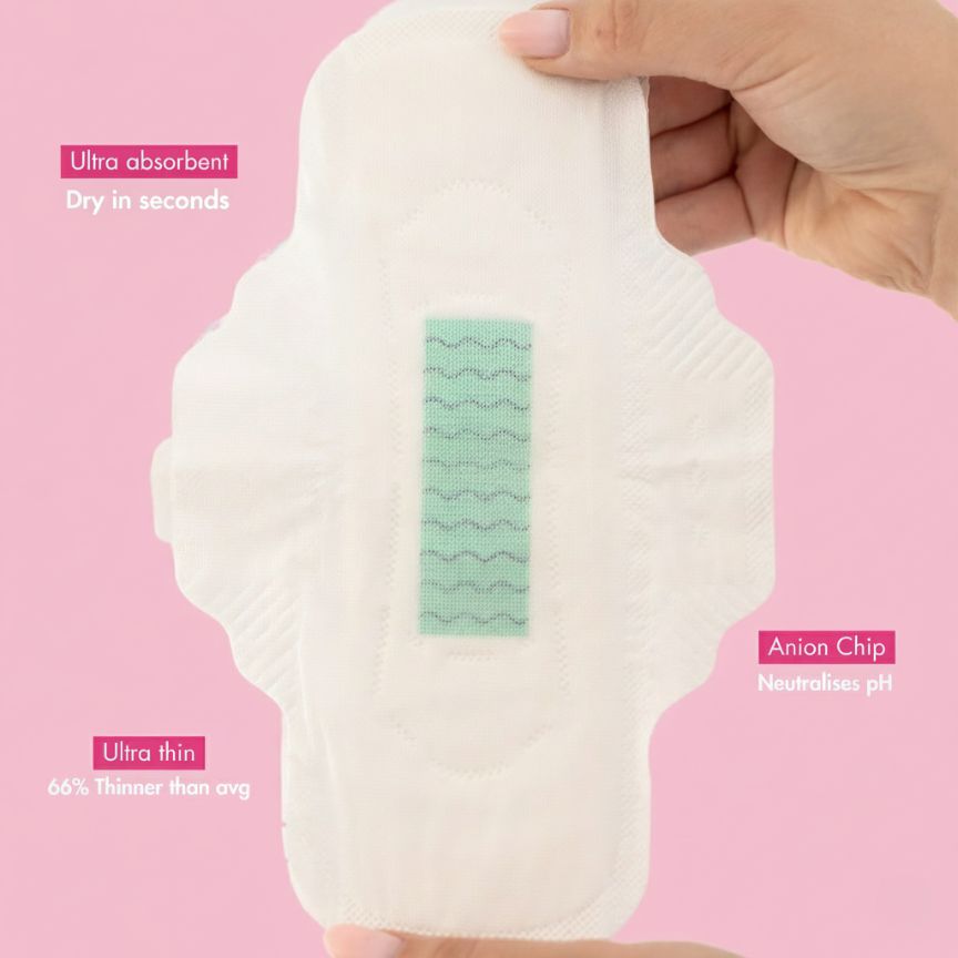 Hand holding a sanitary pad with text on a pink background