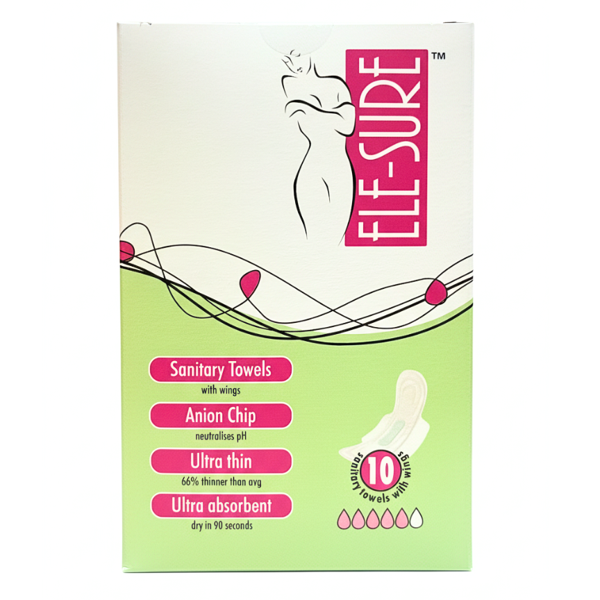 Box of Ele-Sure sanitary towels with green and pink design on a white background